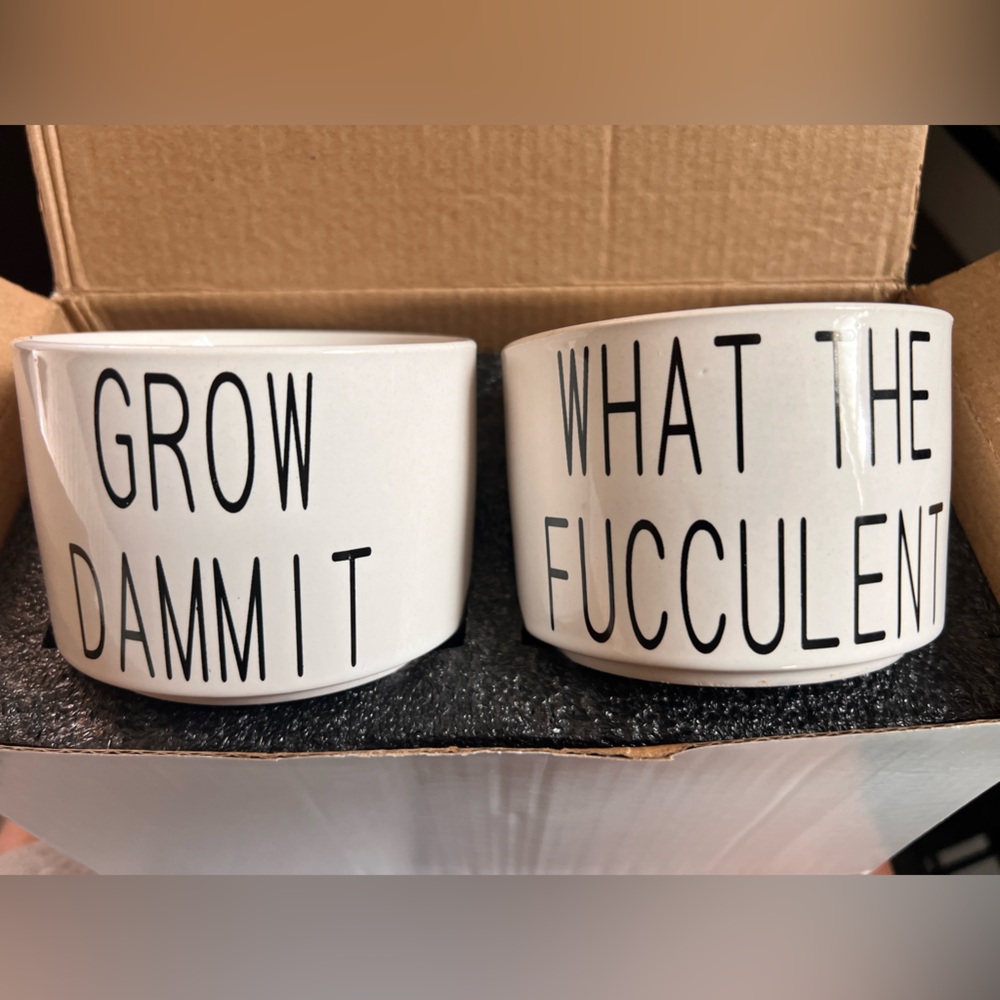 White Ceramic Planters with Text